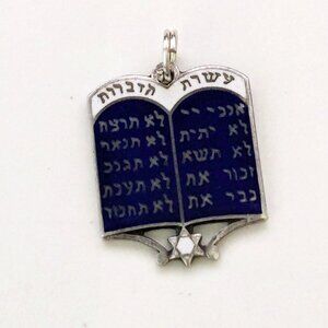 Art Deco Era Hebrew 10 Commandments Blue/White Enamel Sterling Silver Charm